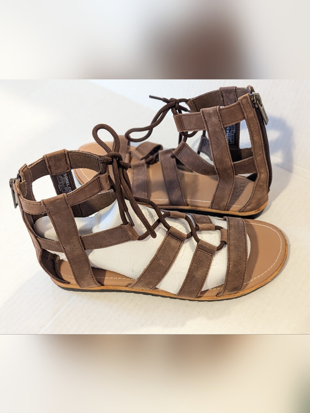 Sorel Bailee Lace Up Gladiator Sandals Sz 9 Brown Oiled Leather Euc